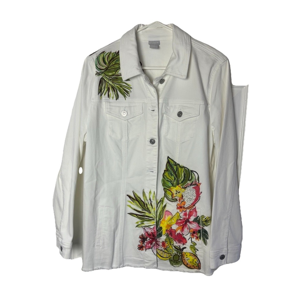 Chico's Tropical Floral Embellished White Denim Sz 2 (12-14) Jacket RawEdge NWOT